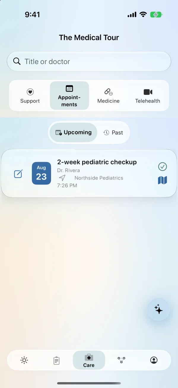 DadYolked pediatric appointment organizer screen on iPhone