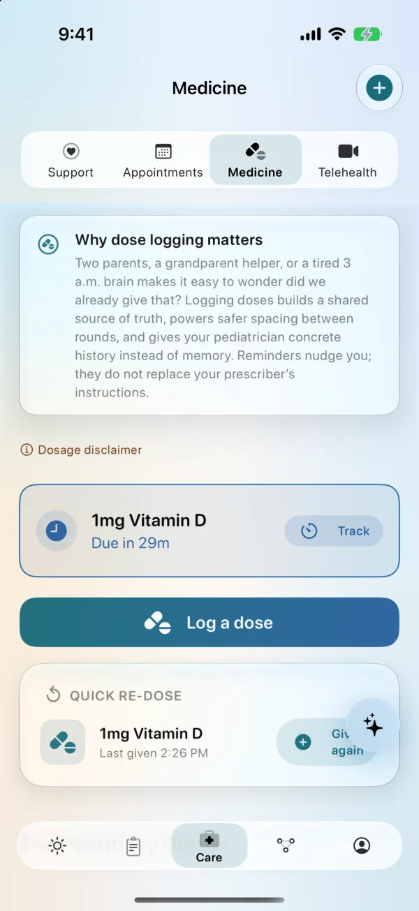 DadYolked medicine tracking screen on iPhone
