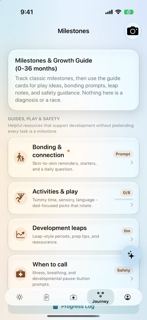 DadYolked Milestones and Growth Guide screen on iPhone